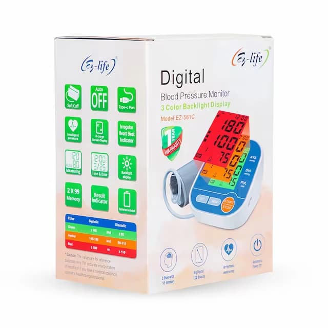 Digital Blood Pressure Monitor 3 Color Backlight Display Large LCD Display EZ-561C 5