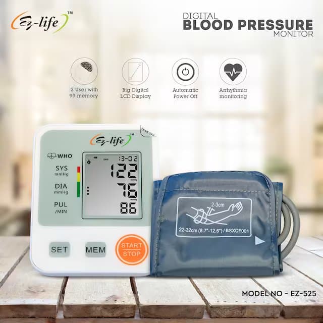 Digital Blood Pressure Monitor - Upper Arm Cuff with One - Touch Operation Memory Function EZ- 525 6